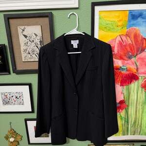 Ann Taylor Loft Blazer Women SZ 8 Black Pinstripe Rayon Wool Blend Career Goth